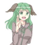  1girl alternate_breast_size alternate_hair_length alternate_hairstyle animal_ears breasts dog_ears fang green_eyes green_hair kasodani_kyouko large_breasts long_hair long_sleeves open_mouth solo touhou waving yuusha-chan_(gassaku_no_hito) 