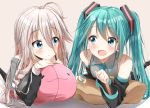  2girls ahoge aqua_eyes aqua_hair blush commentary_request eyebrows_visible_through_hair hair_between_eyes hatsune_miku highres ia_(vocaloid) long_hair long_sleeves looking_at_another lying multiple_girls nail_polish on_stomach open_mouth pentagon_(railgun_ky1206) pink_hair twintails very_long_hair vocaloid 