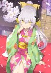  100 1girl absurdres alternate_costume architecture blush dragon_girl dragon_horns east_asian_architecture fate/grand_order fate_(series) floral_print flower from_above grey_hair hand_on_own_cheek highres horns japanese_clothes kimono kiyohime_(fate/grand_order) long_hair obi petals sash sitting smile solo yellow_eyes 