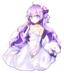  1girl :&lt; ahoge azur_lane bangs bare_shoulders black_bow black_ribbon blush bow breasts closed_mouth commentary_request dress elbow_gloves eyebrows_visible_through_hair fingerless_gloves gloves hair_between_eyes hair_bun hair_ribbon licksin medium_breasts one_side_up purple_hair ribbon side_bun simple_background solo sparkle strapless strapless_dress stuffed_animal stuffed_pegasus stuffed_toy stuffed_unicorn unicorn_(azur_lane) violet_eyes white_background white_dress white_gloves 