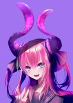  1girl blue_eyes commentary_request curled_horns dragon_girl dragon_horns elizabeth_bathory_(fate) elizabeth_bathory_(fate)_(all) fate/extra fate/extra_ccc fate/grand_order fate_(series) hair_between_eyes highres horns long_sleeves open_mouth pauldrons pink_hair pointy_ears rahato solo 