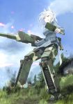  1girl absurdres animal_ears aurora_e_juutilainen blue_eyes explosive fire grass grenade gun highres long_hair military military_uniform official_art pantyhose shimada_fumikane silver_hair smoke solo striker_unit tail uniform weapon world_witches_series 