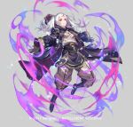  1girl aura cloak cozy female_my_unit_(fire_emblem:_kakusei) fire_emblem fire_emblem:_kakusei fire_emblem_heroes full_body gimurei grey_background my_unit_(fire_emblem:_kakusei) official_art red_eyes silver_hair simple_background solo 