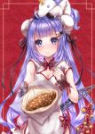  1girl :o azur_lane bangs baozi black_ribbon blush breasts cleavage cleavage_cutout cokecoco commentary_request double_bun dress eyebrows_visible_through_hair food hand_on_own_chest hand_up head_tilt highres holding holding_food long_hair machinery medium_breasts nose_blush on_head outstretched_arm parted_lips pelvic_curtain purple_hair ribbon short_sleeves side_bun solo stuffed_animal stuffed_pegasus stuffed_toy stuffed_unicorn unicorn_(azur_lane) very_long_hair violet_eyes white_dress wrist_cuffs 