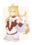  1girl 3four ahoge animal_ears belt blonde_hair breasts capelet closed_mouth commission contrapposto copyright_request cropped_legs dress eyebrows_visible_through_hair gloves hand_on_hip hand_up long_hair looking_at_viewer medium_breasts short_dress simple_background slit_pupils smile solo standing white_background white_capelet white_gloves yellow_eyes 