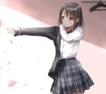  1girl bangs black_blazer blazer blurry blurry_foreground blush bow bowtie brown_eyes brown_hair closed_mouth clothes_hanger collared_shirt commentary_request depth_of_field dressing eyebrows_visible_through_hair grey_skirt highres jacket long_hair long_sleeves original outstretched_arm pentagon_(railgun_ky1206) petals plaid plaid_skirt pleated_skirt red_neckwear school_uniform shirt skirt sleeves_past_wrists smile solo white_shirt 