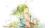 androgynous artist_name bangs black_neckwear cherry enkidu_(fate/strange_fake) fate/grand_order fate/strange_fake fate_(series) flower food food_in_mouth fruit green_eyes green_hair hair hair_flower hair_ornament hair_stick head_rest long_hair long_sleeves looking_at_viewer petals robe saltwatertree signature simple_background smile traditional_media upper_body watercolor_(medium) white_background white_robe wide_sleeves 