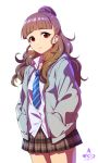  1girl artist_name brown_hair expressionless hair_bun hands_in_pockets highres hood hoodie idolmaster idolmaster_cinderella_girls infinote kamiya_nao long_hair necktie red_eyes shirt skirt solo thick_eyebrows wavy_hair white_background white_shirt 