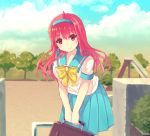  1girl bag blue_skirt blue_sky blush clouds day fujisaki_shiori hairband leaning_forward nekomo red_eyes redhead school_bag school_uniform serafuku skirt sky smile solo standing tokimeki_memorial tokimeki_memorial_1 tree 