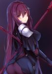  1girl absurdres armor ass bangs blush bodysuit breasts commentary_request dual_wielding fate/grand_order fate_(series) from_behind gradient gradient_background hair_between_eyes highres lance large_breasts long_hair looking_at_viewer looking_back nanakaku parted_lips polearm purple_hair red_eyes scathach_(fate/grand_order) spaulders standing weapon 