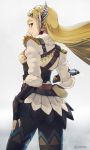  ass blonde_hair feathers gloves green_eyes long_hair looking_at_viewer otton pants pointy_ears princess_zelda smile the_legend_of_zelda the_legend_of_zelda:_breath_of_the_wild white_background winter_clothes 