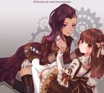  2girls asymmetrical_hair atobesakunolove boots bow breasts brown_eyes brown_hair cleavage collarbone commentary_request cross-laced_legwear d.va_(overwatch) facebook_username facepaint fingerless_gloves gloves hair_ribbon hand_holding hand_on_another&#039;s_cheek hand_on_another&#039;s_face highres kneeling lace lolita_fashion looking_at_viewer makeup medium_breasts multiple_girls overwatch parted_lips purple_hair ribbon sombra_(overwatch) steampunk tan thigh-highs thigh_boots undercut violet_eyes watermark web_address whisker_markings white_legwear yuri zettai_ryouiki 