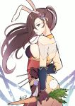  1girl animal_ears atoatto breasts brown_eyes brown_hair cleavage fire_emblem fire_emblem_heroes fire_emblem_if gloves hair_over_one_eye kagerou_(fire_emblem_if) large_breasts long_hair looking_at_viewer ninja pantyhose ponytail rabbit_ears simple_background solo weapon 