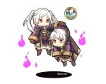  1girl cape chibi dark_persona dual_persona evil_smile fire_emblem fire_emblem:_kakusei fire_emblem_heroes gimurei gloves hood long_hair male_my_unit_(fire_emblem:_kakusei) mamkute my_unit_(fire_emblem:_kakusei) red_eyes robe short_hair smile tecchen twintails white_background white_hair 