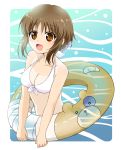  1girl :d bandage bandaid bangs bikini boko_(girls_und_panzer) breasts brown_eyes brown_hair cleavage commentary eyebrows_visible_through_hair front-tie_bikini front-tie_top girls_und_panzer highres holding holding_innertube innertube looking_at_viewer medium_breasts nishizumi_miho ocean open_mouth parda_siko short_hair smile solo standing swimsuit twitter_username upper_body wading white_bikini 