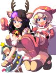  3girls :d animal_costume animal_ears antlers bangs bell black_hair blonde_hair blue_eyes boots breasts brown_footwear brown_shirt brown_shorts candy candy_cane carrying christmas_ornaments christmas_tree christmas_tree_costume clara_(girls_und_panzer) cleavage commentary_request crop_top detached_sleeves dress eyebrows_visible_through_hair fang food foreshortening fur-trimmed_collar garland_(decoration) girls_und_panzer gloves hat highres holly jingle_bell katyusha kneeling large_breasts long_hair looking_at_viewer midriff multiple_girls nonna open_mouth piggyback red_collar red_dress red_footwear red_gloves red_hat red_mittens reindeer_antlers reindeer_costume reindeer_ears santa_costume santa_hat shirt short_hair short_shorts short_sleeves shorts smile snowflake_print standing strapless strapless_dress sw swept_bangs thigh-highs thigh_boots white_background 