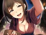  1girl aoi_chizuru bangs blurry blurry_background blush breasts brown_eyes brown_hair brown_kimono bucket cleavage collarbone eyebrows_visible_through_hair japanese_clothes kimono large_breasts looking_at_viewer low_twintails open_mouth original outdoors sash short_sleeves smile solo twintails 