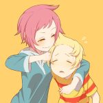  1boy 1girl blonde_hair blush bullying closed_eyes commentary_request flying_sweatdrops height_difference hood hood_down hoodie kumatora long_sleeves lucas mother_(game) mother_3 noogie pink_hair shifumame shirt short_hair simple_background smile smug striped striped_shirt t-shirt upper_body yellow_background 
