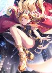  1girl blonde_hair cape ereshkigal_(fate/grand_order) fate/grand_order fate_(series) from_below hair_ornament highres holding holding_sword holding_weapon hon_(neo2462) long_hair looking_at_viewer moon night red_cape red_eyes red_ribbon ribbon single_thighhigh solo sword thigh-highs tiara weapon 