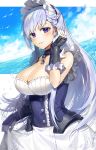  1girl apron azur_lane belfast_(azur_lane) braid breasts chains cleavage collar corset gijang gloves hair_tucking large_breasts long_hair looking_at_viewer maid maid_apron maid_headdress ocean parted_lips silver_hair solo splashing violet_eyes water_drop 