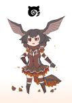  1girl bare_shoulders bazelgeuse bioluminescence black_hair boots clenched_hands commentary_request full_body fur_collar gauntlets glowing gooster hand_on_hip head_wings japari_symbol kemono_friends medium_hair monster_hunter monster_hunter:_world no_nose open_mouth outstretched_arm personification redhead scales solo standing tail v-shaped_eyebrows vest wings 