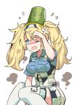  1girl blonde_hair blue_eyes blue_shirt breast_pocket breasts bucket bucket_on_head collared_shirt gambier_bay_(kantai_collection) hair_between_eyes hairband highres kantai_collection large_breasts long_hair number object_on_head open_mouth pocket repair_bucket shirt shorts simple_background solo thigh-highs twintails white_background white_legwear yamano_(yamanoh) 