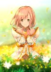  1girl absurdres blurry estellise_sidos_heurassein flower gloves grass green_eyes highres humi petals pink_hair short_hair smile solo tales_of_(series) tales_of_vesperia white_coat white_gloves 