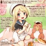  1girl :d animal blonde_hair blue_eyes blue_sailor_collar bread colored_pencil_(medium) commentary_request dated dress food hamster hat holding holding_food jervis_(kantai_collection) kantai_collection kirisawa_juuzou long_hair non-human_admiral_(kantai_collection) numbered open_mouth sailor_collar sailor_dress short_sleeves smile traditional_media translation_request twitter_username white_hat 