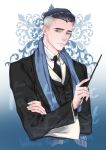  1boy black_hair blue_eyes fantastic_beasts_and_where_to_find_them male_focus multicolored_hair necktie percival_graves scarf solo two-tone_hair wand white_hair zigi 