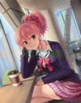 1girl blush bow breasts closed_mouth coffee_cup collarbone cup disposable_cup hair_bow idolmaster idolmaster_cinderella_girls indoors jougasaki_mika kamille_(vcx68) long_sleeves looking_at_viewer medium_breasts pink_bow pink_hair pink_skirt short_hair sitting skirt smile solo yellow_eyes 