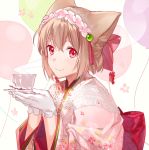  1girl asahikawa_hiyori brown_hair closed_mouth commentary_request cup from_side gloves hair_ornament hairband holding long_sleeves looking_at_viewer original red_eyes short_hair smile solo teacup tray white_gloves 