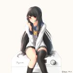  1girl asymmetrical_legwear between_legs black_hair black_legwear blush breasts clover four-leaf_clover gloves hair_ornament hair_ribbon hairclip hand_between_legs hand_up head_tilt highres isokaze_(kantai_collection) kantai_collection long_hair long_sleeves looking_at_viewer nyan_(reinyan_007) pleated_skirt red_eyes ribbon school_uniform serafuku short_hair single_thighhigh sitting sitting_on_object skirt smile solo thigh-highs thighs tress_ribbon twitter_username washing_machine white_gloves 