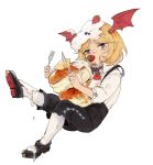  1boy bangs black_footwear blonde_hair blue_eyes blush bow bowtie brown_neckwear collared_shirt eyebrows_visible_through_hair food food_in_mouth food_on_face food_on_head fruit granblue_fantasy head_wings invisible_chair leg_up looking_at_viewer male_focus mouth_hold object_on_head pancake pointy_ears shingeki_no_bahamut shirt shoes shorts simple_background sitting socks solo strawberry suspender_shorts suspenders veight wataichi_meko white_background white_legwear white_shirt wing_collar 
