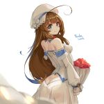  1girl ahoge artist_name ass bare_shoulders blue_eyes bouquet breasts brown_hair butt_crack closed_mouth commentary_request flower from_behind hat highres hinatsuru_ai long_hair looking_at_viewer older pandea_work ryuuou_no_oshigoto! sideboob simple_background small_breasts smile solo white_background white_hat 
