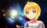  1girl :3 animal_ears asymmetrical_hair bare_shoulders blonde_hair cat_ears closed_mouth galaxy green_eyes holding idolmaster idolmaster_cinderella_girls looking_at_viewer meme miyamoto_frederica off_shoulder pohe short_hair solo space space_cat_(meme) star_(sky) wide-eyed 