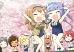 &gt;_&lt; 6+girls :d :o =_= arm_up bare_legs bare_shoulders black_hair blonde_hair blue_hair blush breasts cherry_blossoms clapping closed_eyes commentary_request engiyoshi fang flower glasses goggles goggles_on_head hair_flower hair_ornament hairband high_ponytail i-168_(kantai_collection) i-19_(kantai_collection) i-26_(kantai_collection) i-401_(kantai_collection) i-58_(kantai_collection) i-8_(kantai_collection) jacket jacket_over_swimsuit kantai_collection light_brown_hair long_hair maru-yu_(kantai_collection) medium_breasts military military_uniform multiple_girls music neckerchief open_mouth pink_hair ro-500_(kantai_collection) sailor_collar school_swimsuit school_uniform seiza serafuku short_hair singing sitting smile swimsuit swimsuit_under_clothes tan tri_tails twintails u-511_(kantai_collection) uniform white_school_swimsuit white_swimsuit 