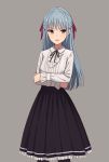  1girl :d bangs black_legwear black_neckwear black_ribbon black_skirt blue_hair blush center_frills collared_shirt crossed_arms eyebrows_visible_through_hair feet_out_of_frame frilled_shirt frilled_skirt frills grey_background hair_ribbon highres long_hair long_skirt long_sleeves looking_at_viewer open_mouth original pantyhose purple_ribbon ribbon shiny shiny_hair shirt sidelocks simple_background skirt smile solo standing straight_hair violet_eyes white_shirt wing_collar yahiro_(epicopeiidae) 