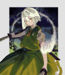  1girl black_bow bow closed_mouth commentary_request dual_wielding expressionless eyebrows_visible_through_hair green_eyes green_skirt green_vest hair_bow highres holding holding_weapon konpaku_youmu konpaku_youmu_(ghost) looking_at_viewer necktie puffy_short_sleeves puffy_sleeves short_hair short_sleeves skirt skirt_set solo straight_hair sword takushiima touhou vest weapon white_hair 