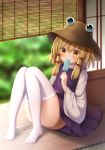  1girl ass blonde_hair blurry blurry_background brown_hat commentary_request eyebrows_visible_through_hair food hair_between_eyes hair_ribbon hat highres holding holding_food indoors knees_together_feet_apart knees_up long_sleeves looking_at_viewer moriya_suwako no_shoes panties popsicle purple_skirt purple_vest red_ribbon ribbon shadow short_hair sidelocks sitting skirt solo suigetsu_(watermoon-910) thigh-highs touhou underwear vest white_legwear white_panties wide_sleeves yellow_eyes 