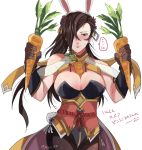  1girl animal_ears black_hair blush breasts brown_eyes brown_hair bunnysuit carrot cleavage cosplay embarrassed fire_emblem fire_emblem_heroes fire_emblem_if gloves hair_over_one_eye holding kagerou_(fire_emblem_if) large_breasts looking_at_viewer rabbit_ears rem_sora410 simple_background solo white_background 