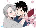  2boys black_hair blue_eyes blurry brown_eyes cellphone cheek-to-cheek cherry_blossoms depth_of_field katsuki_yuuri male_focus mouri multiple_boys open_mouth petals phone self_shot silver_hair smartphone smile upper_body viktor_nikiforov yuri!!!_on_ice 