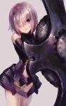  1girl armor armored_dress bare_shoulders collar cowboy_shot elbow_gloves eyebrows_visible_through_hair fate/grand_order fate_(series) feet_out_of_frame gloves hair_over_one_eye highres holding holding_shield hozumi_rino lavender_hair leotard looking_at_viewer mash_kyrielight navel_cutout parted_lips purple_leotard shield short_hair simple_background solo violet_eyes 