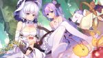  &gt;_&lt; 3girls :d :t ahoge apple azur_lane bare_shoulders basket belfast_(azur_lane) black_gloves blood blue_eyes bread breast_envy breast_rest breasts breasts_on_head commentary_request day detached_collar elbow_gloves flat_chest flower food fruit gloves grapes hair_bun hair_ornament highres holding holding_food illustrious_(azur_lane) long_hair looking_at_another low_twintails lying lying_on_lap multiple_girls nature nosebleed on_back open_mouth outdoors pantyhose picnic picnic_basket pout purple_hair sandwich short_sidetail side_bun side_ponytail smile stuffed_unicorn tears tsubasa_tsubasa twintails vampire_(azur_lane) very_long_hair white_background white_hair white_legwear 