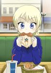  1girl bangs basket bench black_neckwear blonde_hair blue_eyes blue_sweater braid closed_mouth commentary_request condensation cup darjeeling disposable_cup dress_shirt drinking_straw eating elbow_rest emblem eyebrows_visible_through_hair food girls_und_panzer go_yasukuni hamburger highres holding holding_food indoors lettuce long_sleeves looking_at_viewer necktie onion_rings potato_wedges saunders_(emblem) school_uniform shirt short_hair sitting solo sweater tied_hair tray twin_braids v-neck v-shaped_eyebrows white_shirt window wrapper 