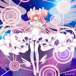  1girl absurdly_long_hair blush bow brown_eyes choker covered_navel dress foot_wings full_body gloves goddess_madoka hands_on_own_chest kaname_madoka kawanobe long_hair looking_at_viewer magic_circle mahou_shoujo_madoka_magica pink_hair short_twintails smile solo twintails twitter_username two_side_up very_long_hair white_bow white_dress white_gloves white_legwear 