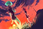  ahoge androgynous clipboard clouds dusk dutch_angle gem_uniform_(houseki_no_kuni) grass green_eyes green_hair houseki_no_kuni looking_at_viewer mercury outdoors phosphophyllite red_eyes red_sky redhead scenery shinsha_(houseki_no_kuni) short_hair sky sunset 