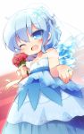  1girl ;d alternate_costume bare_shoulders blue_dress blue_eyes blue_hair bouquet braid cirno dress dutch_angle fang flower glint hair_ornament highres holding holding_bouquet ice ice_wings jewelry looking_at_viewer matatabi_(nigatsu) one_eye_closed open_mouth ring smile solo tears touhou veil wedding_dress wings 