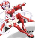  1girl ahoge artist_name bare_shoulders boots breasts cleavage covered_navel dual_wielding elbow_gloves full_body gloves grin gun headgear highres hikkub large_breasts leotard long_hair low_twintails platform_boots purple_hair red_gloves senki_zesshou_symphogear smile solo thigh-highs thigh_boots twintails very_long_hair violet_eyes weapon white_background yukine_chris 