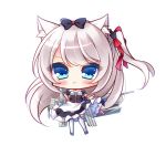  1girl :&lt; absurdly_long_hair animal_ears apron azur_lane bare_shoulders big_head black_bow black_dress black_legwear blue_eyes blush bow cat_ears cat_hair_ornament chibi closed_mouth commentary_request detached_sleeves dress frilled_dress frills full_body hair_bow hair_ornament hair_ribbon hammann_(azur_lane) hand_on_hip long_hair one_side_up outstretched_arm puffy_short_sleeves puffy_sleeves red_ribbon remodel_(azur_lane) ribbon ryuuka_sane short_sleeves silver_hair simple_background solo standing strapless strapless_dress thigh-highs very_long_hair waist_apron white_apron white_background 