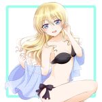  1girl :d bangs bikini black_bikini blonde_hair blue_eyes blue_shawl breasts cleavage darjeeling eyebrows_visible_through_hair from_side girls_und_panzer hair_down hand_in_hair highres holding long_hair looking_at_viewer medium_breasts navel o-ring_bikini open_mouth parda_siko see-through shawl side-tie_bikini sitting smile solo strapless strapless_bikini swimsuit twitter_username 